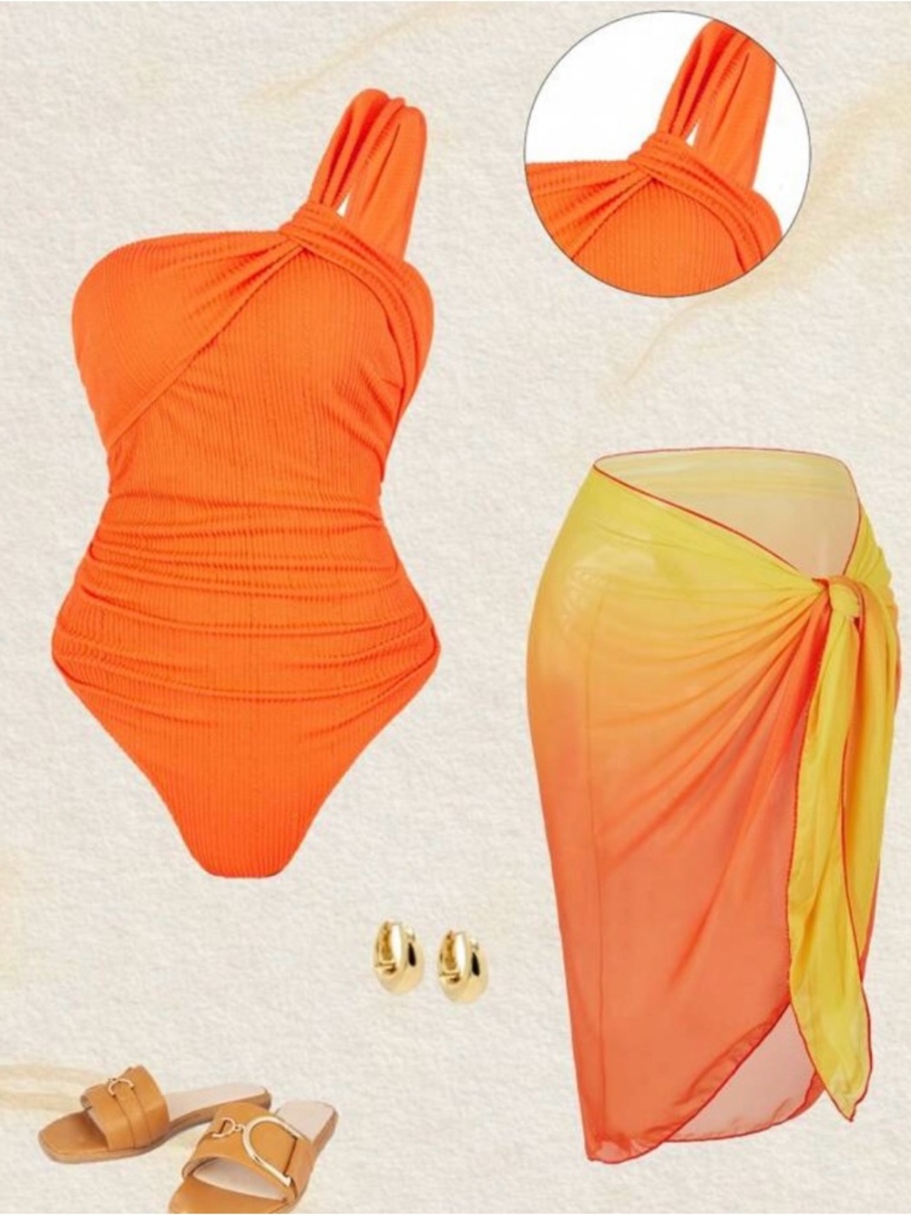 Girls' One-Shoulder Orange Swimsuit with Yellow-Orange Sarong